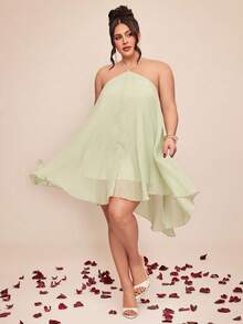 SHEIN BAE Đầm ngắn dáng chữ A cổ búp bê dành cho nữ cỡ lớn, màu vàng xanh. - Màu vàng - Xem 2