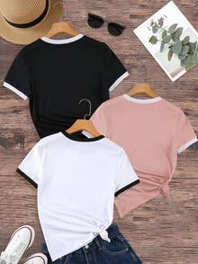 Women's Heart Print Short Sleeve Colorblock Round Neck T-Shirt - Multicolor - View 2