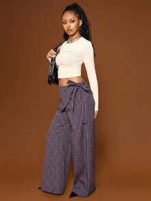 COUREZ Fustă neagră Skouser cu picior larg, pantaloni suprapuși, din material ușor în carouri / Haine de toamnă Y2K, haine de iarnă, streetwear, pantaloni supradimensionați cu legături laterale - cafea maro - Vizualizare 2