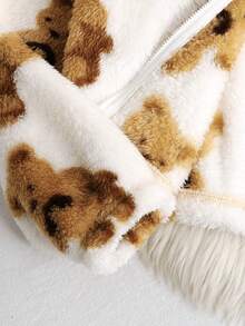 SHEIN Áo khoác ngắn kiểu gấu bông có mũ, lót ấm, tai 3D dễ thương, hai mặt, dành cho bé gái tuổi teen, thích hợp mặc mùa thu/đông. - Màu be - Xem 3