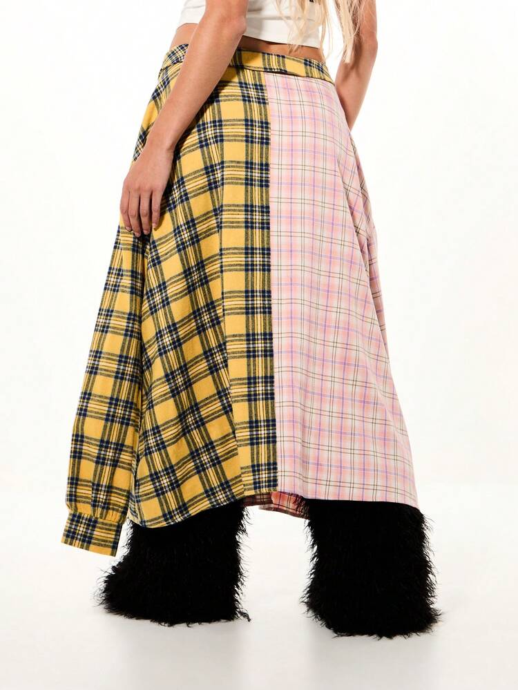 SUMWON WOMEN Spliced Check Plaid Maxi Skirt