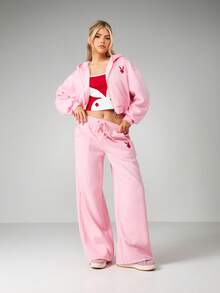 Missguided x Playboy Áo hoodie dáng rộng, khóa kéo, điểm nhấn là họa tiết trái tim và logo thỏ, thích hợp cho phong cách thời trang đường phố thường ngày. - Hồng - Xem 4