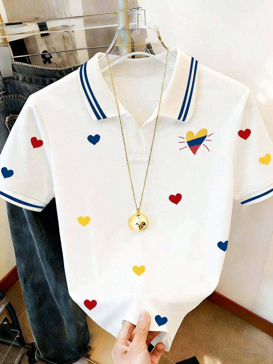 Heart Print Striped Trim Polo Neck Tee - Multicolor - View 1