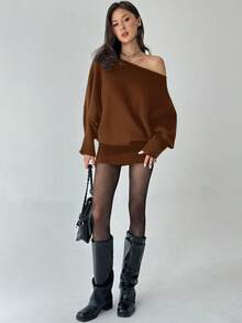 Aloruh Robe pull moulante à manches longues asymétrique polyvalente taille ajustée, style Y2K. Décontractée/Navette, esthétique américaine vintage pour l'automne/l'hiver - Acajou - Voir 3