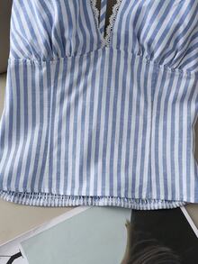 Resyla Summer Fashion New Blue Striped Women's Camisole Lace Patchwork Women's Camisole Criss-Cross Back Women's Camisole Hollow Back Women's Camisole Vacation-Suitable Women's Camisole - Blue and White - View 5