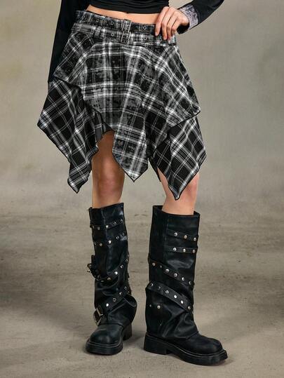 Grunge Punk Jupe asymétrique à superposition avec lacets, style vintage grunge à carreaux
