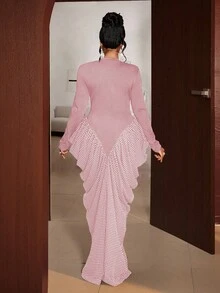 Maweii 大码女士优雅拼接格纹印花长袖修身A字连衣裙，春秋季 - 淺粉色 - 查看 2