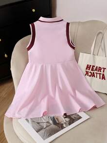 SHEIN Girls Casual Embroidered Polo Collar Sleeveless A-Line Dress, Suitable For Daily Casual, Street, And School Wear - Pink - View 3