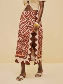 Vesra All-Over Print High Slit Skirt, Suitable For Party & Holiday - Brown - View 4