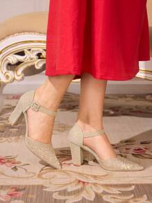 CUCCOO TILAWA أحذية كعب عالي أنيقة للنساء مزينة بالراين ستون للحفلات - لون شمبانيي - مشاهدة 4