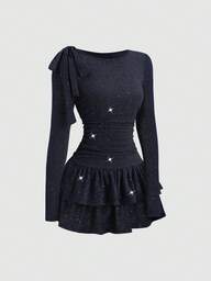 Sweetra Vestido mini elegante con hombros descubiertos y lazo, de tela brillante, adecuado para fiestas, eventos formales, ir al trabajo y uso diario