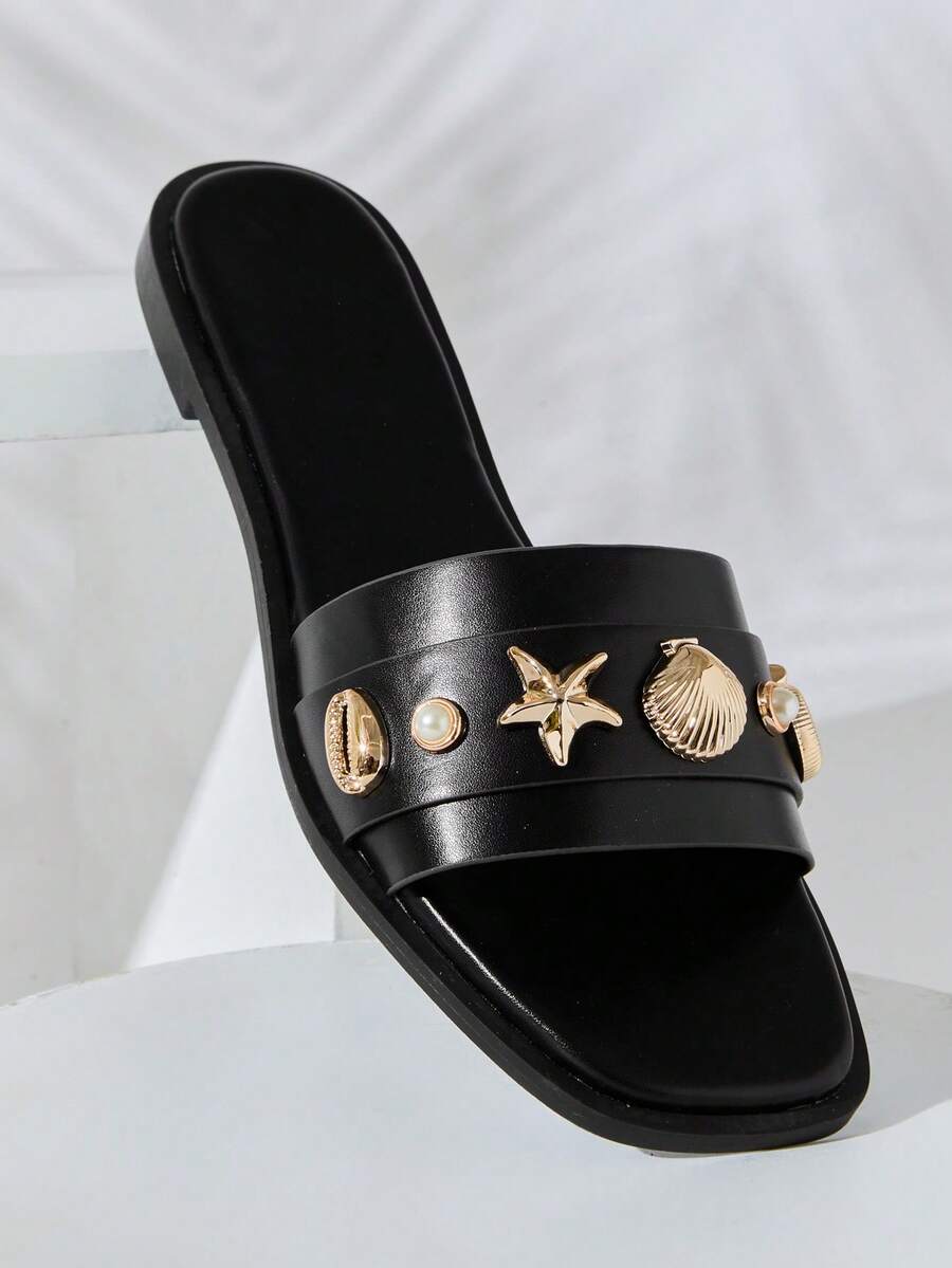 SHUZIA Women's Square Toe Glamorous Sea Shell Decor Cross Band Slip On Sandals Valentine's Day Summer Shoes - Black - View 1