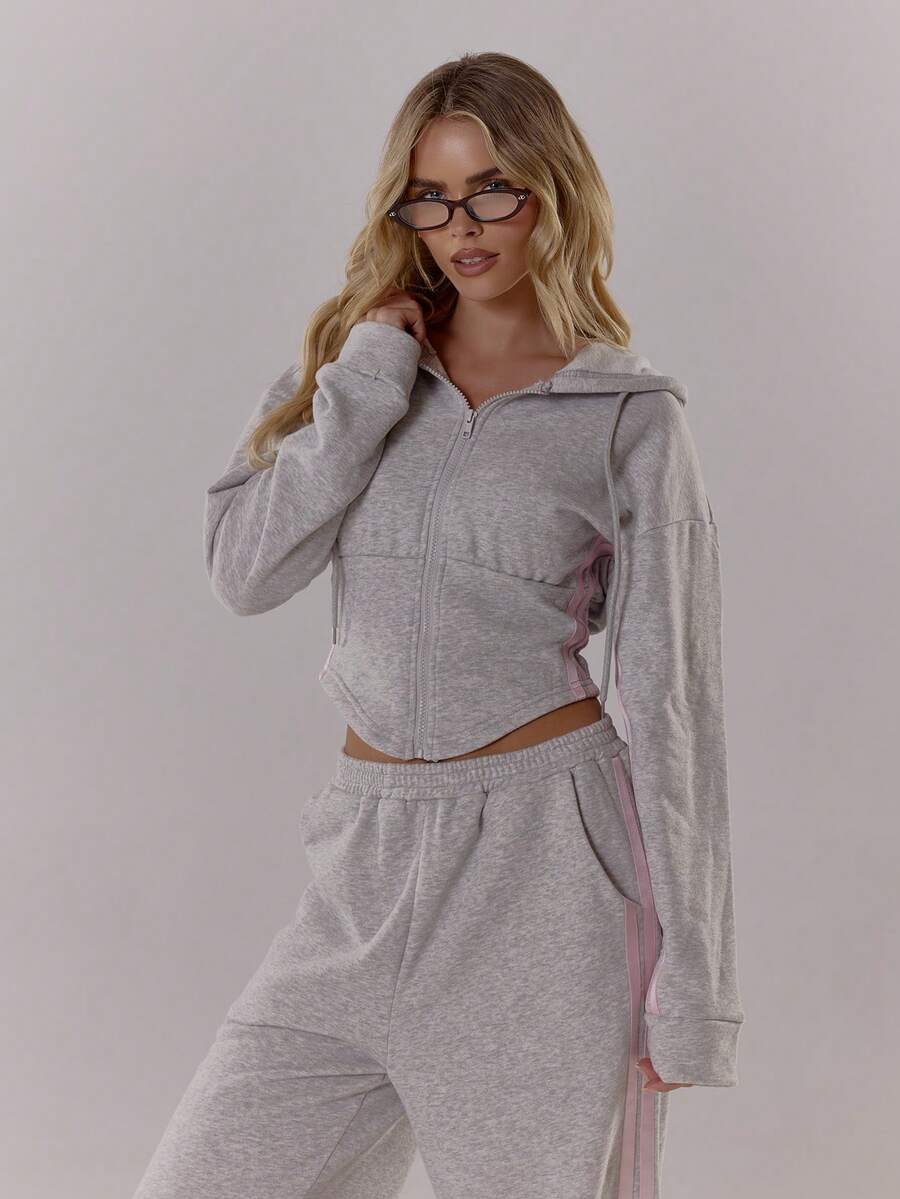 MUSERA Balloon Sleeve Contrast Pipping Cinched Waist Hooded Sweatshirt Casual, Airport, Loungewear, Back To School, Fall  Lounge Winter Spring - Grey - View 1