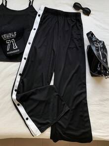 SHEIN EZwear Quần ống rộng cài nút tương phản đơn giản cho nữ - màu đen - Xem 2