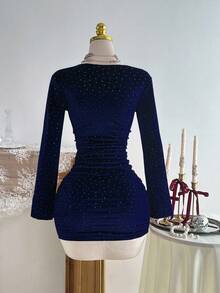 Elamini Vestido ajustado con cuello drapeado, espalda descubierta y cintura fruncida, para otoño - Azul Marino - Ver 2