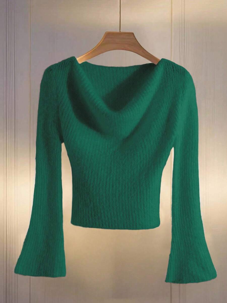 Franclia Women's Autumn Flared Sleeve Asymmetrical Hem Knit Sweater, French Elegant Stretchy Fitted Pullover Top, Autumn/Winter - Green - View 1