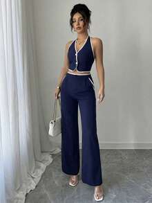 Elenzga Set de 2 piezas para mujer: Top halter de cuello con recorte de contraste y espalda descubierta, y pantalones con bolsillo - Azul Marino - Ver 6
