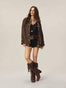 Styleloop Bốt cao đến đầu gối tua rua màu trơn thường ngày dành cho nữ, Thu/Đông - Cà phê nâu - Xem 2