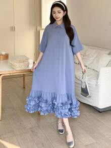 少女蓝色纯色休闲甜美翻领衬衫裙，宽松A字层叠荷叶边拼接连衣裙，适合春夏、返校、日常穿着 - 藍色 - 查看 4