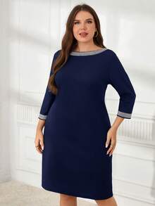 Miaspire Vestido Elegante com Gola Redonda, Manga 3/4 e Aplicação de Strass para Mulheres Plus Size - Azul Marinho - Visão 4