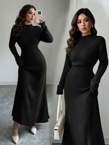 Firerie Đầm len tay dài kiểu Pháp tay cánh dơi cổ tròn dáng chữ A thắt eo dành cho nữ, đầm len dáng xòe, đầm len dáng chữ A thắt eo, đầm len tay loe, đầm len công sở thanh lịch, trang phục xuân/thu/đông, thanh lịch, công sở, lãng mạn, hẹn hò, trang phục đi làm, trở lại trường học, đầm sinh nhật cho nữ. - màu đen - Xem 2