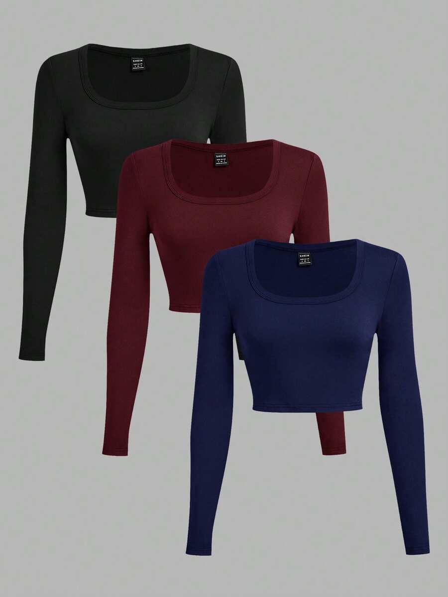 SHEIN EZwear 3件套休闲U领紧身短款长袖T恤,春/秋/冬 - 彩色 - 查看 1