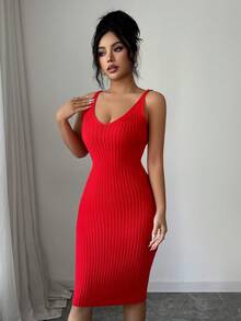 SHEIN Elenzya Women's Bright Red Autumn Chic Night Out 2-Piece Set,Hollow Out Long Sleeve Sweater & Spaghetti Strap Dress,Vintage Stockholm Style Elegant Outfit - Red - View 3