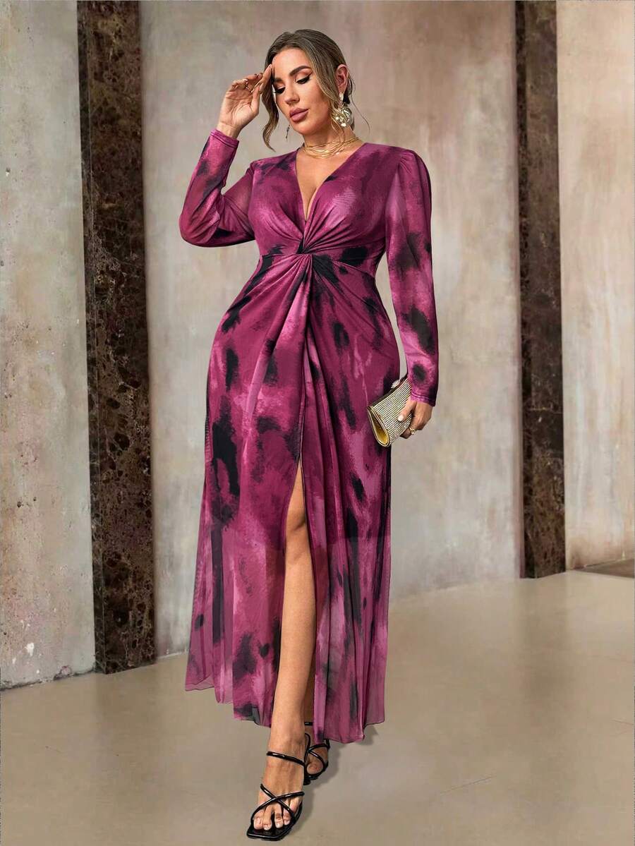 Roveilla Đầm maxi dài tay dáng thanh lịch, họa tiết hoa, thiết kế xoắn, cỡ lớn dành cho nữ. - Màu đỏ tím - Xem 1