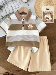 LMoss Kids LMoss   Young Boy Striped Print Short Sleeve Polo Shirt And Solid Color Shorts Set - Multicolor - View 1