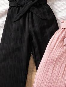 SHEIN 2pcs/Set Girls Textured Fabric Straight Leg Pants, Pink & Black, Comfortable Casual Everyday Wear - Multicolor - View 6