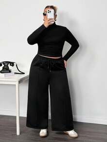 Truni Plus Size Solid Color Turtleneck T-Shirt And Pants 2 Pieces Set, Casual For Autumn/Winter/Autumn /Winter - Black - View 6