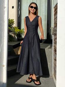 DAZY Women's V-Neck Sleeveless Waist Cinched Split Design Casual Long Denim Dress - Dark Wash - View 1