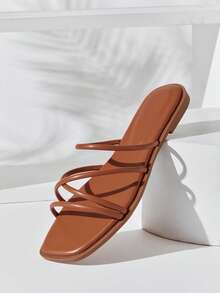 SHUZIA #SummerEssential Women's Square Toe Multi-Strap Metallic PU Gold Slide Sandals – Minimal, & Comfortable - Maroon - View 5