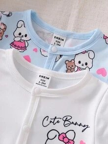 2 件套新生女婴可爱兔子卡通印花服装，长袖连体衣 - 淺藍色 - 查看 5