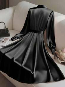 Franclia Women's Elegant Deep V-Neck Bow Tie Midi Dress - Black - View 2