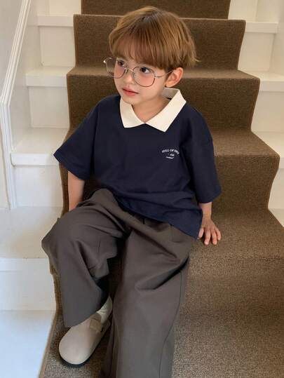 DAZY Young Boy Letter Print Color Block Casual Short Sleeve T-Shirt Spring