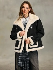 ROMWE Grunge Punk Women's Contrast Color Casual Patchwork Faux Shearling Collar Long Sleeve Jacket - Black - View 5