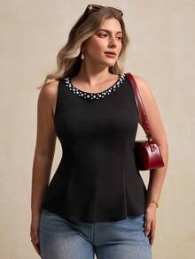 Elegantrix Plus Size Women's Spring/Summer Bubble Bead Decor Waist Ruffle Hem Elegant Blouse - Black - View 3