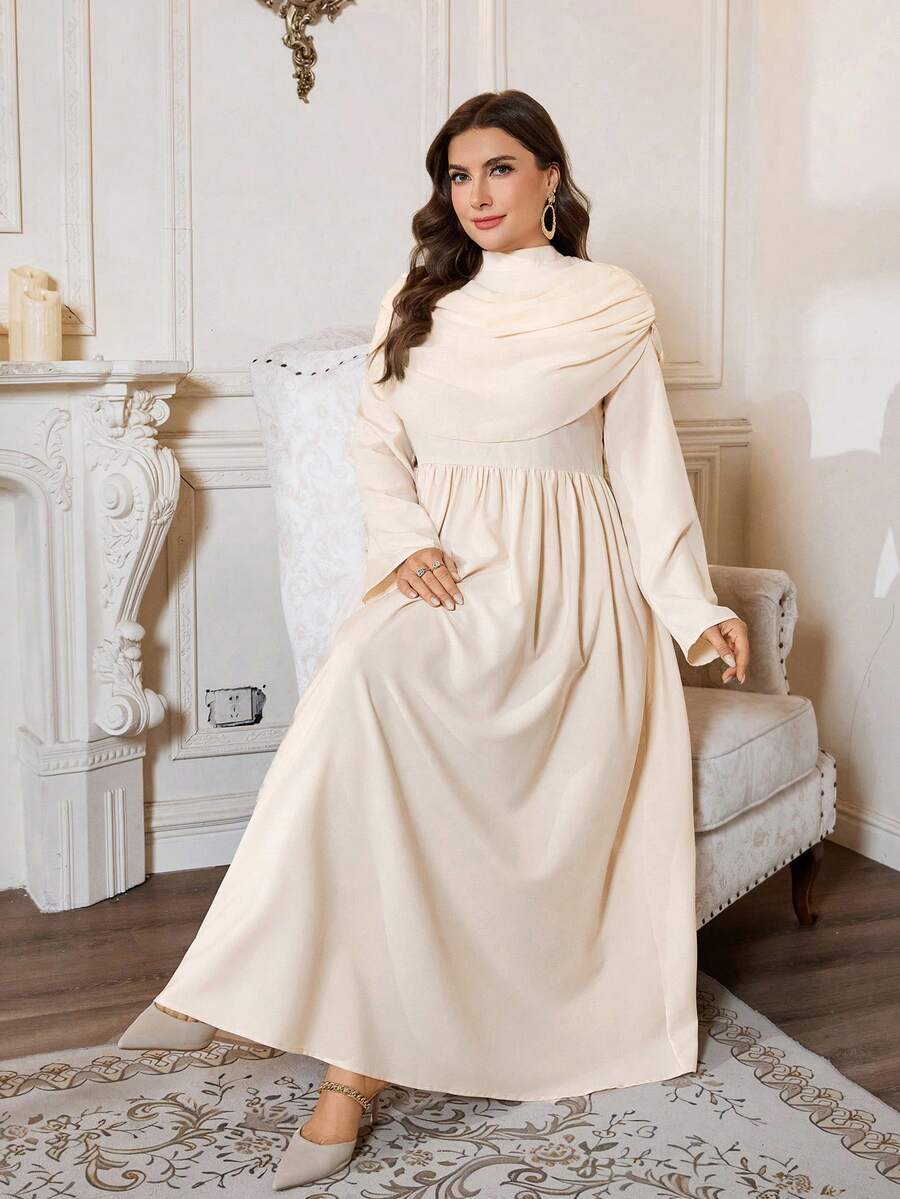 Firerie Plus Size Women's Solid Color Pleated Collar Long Sleeve Elegant Dress Dress Modest Long Cream Dress Beige Dress For Women - Apricot - View 1