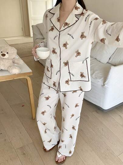 SHEIN Leap Crew 少女编织熊印花领口袋长袖衬衫和裤子休闲睡衣套装