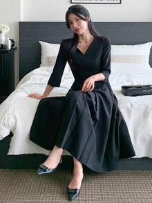 DAZY Đầm midi ôm dáng có cổ dành cho nữ, thích hợp để mặc đi làm hoặc đi chơi. - màu đen - Xem 1