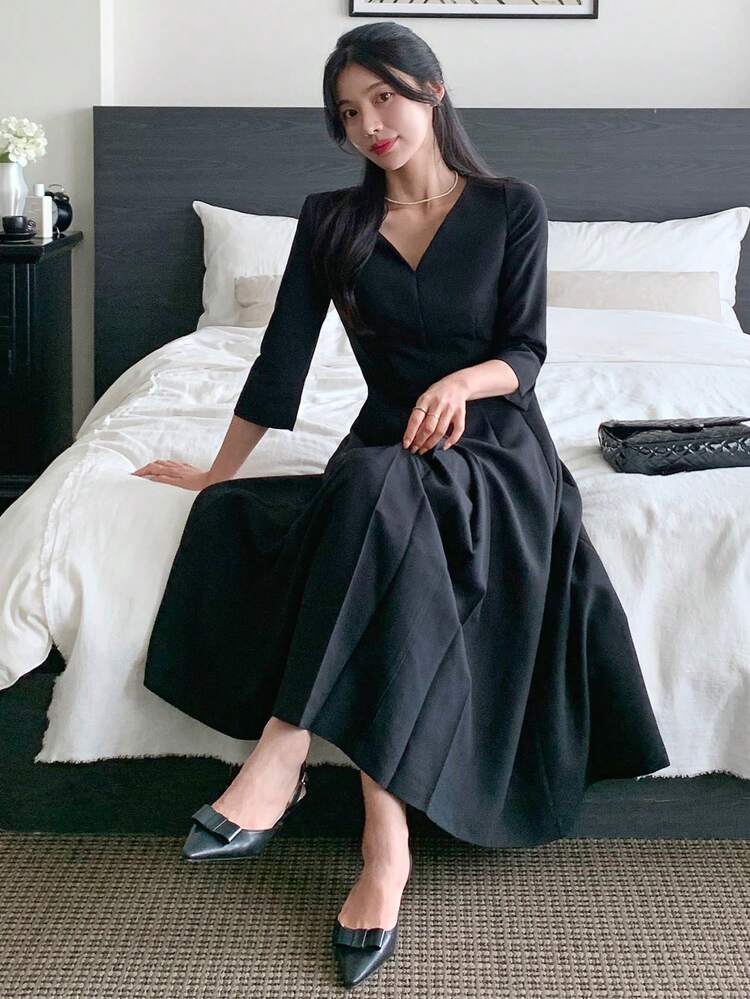 Women's Fitted Midi Dress With Collar, Suitable For Commuting Sundress