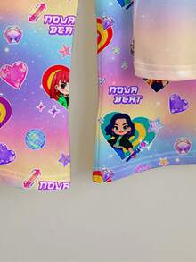 SHEIN 年轻女孩休闲时尚彩色韩流女团字母星星印花圆领短袖T恤和喇叭裤套装，适合节日、派对、日常穿着、演唱会等场合。 - 彩色 - 查看 7