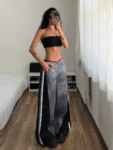 StreetHx 女士千禧年风格Y2K服装，黑色休闲街头风，PU拼接镂空设计宽松复古阔腿裤，春秋季 - 深色水洗藍 - 查看 3