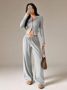 SHEIN PETITE Women Luxurious Ribbed Knit Co-Ord Set Long Sleeve Button Up Cardigan With Wide Leg Pants Fall Winter Loungewear - Grey - View 3