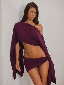 Aloruh 女士新款优雅性感沙滩装，两件套泳衣罩衫套装，纯紫色吊带上衣和系带裹身裙，女士度假装 - 中紫紅色 - 查看 7