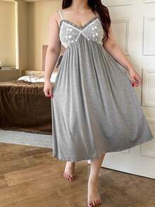 Dazy Plus Plus Size Women Lace Patchwork Solid Color Sexy Waist Cinched Long Nightgown, Sleeveless, Spring/Summer - Grey - View 7