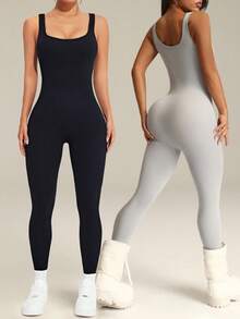 SHEIN Velisys Bộ áo liền quần tập yoga/thể dục không tay, cổ tròn, màu trơn, co giãn cao, không đường may, chất liệu co giãn tốt. - Nhiều màu - Xem 2