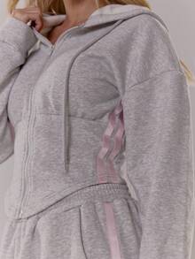 MUSERA Balloon Sleeve Contrast Pipping Cinched Waist Hooded Sweatshirt Casual, Airport, Loungewear, Back To School, Fall  Lounge Winter Spring - Grey - View 6