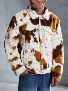 ROMWE MEN Street Life Men's Cow Print Plush Fabric Turndown Collar Jacket - Coffee Brown - View 7